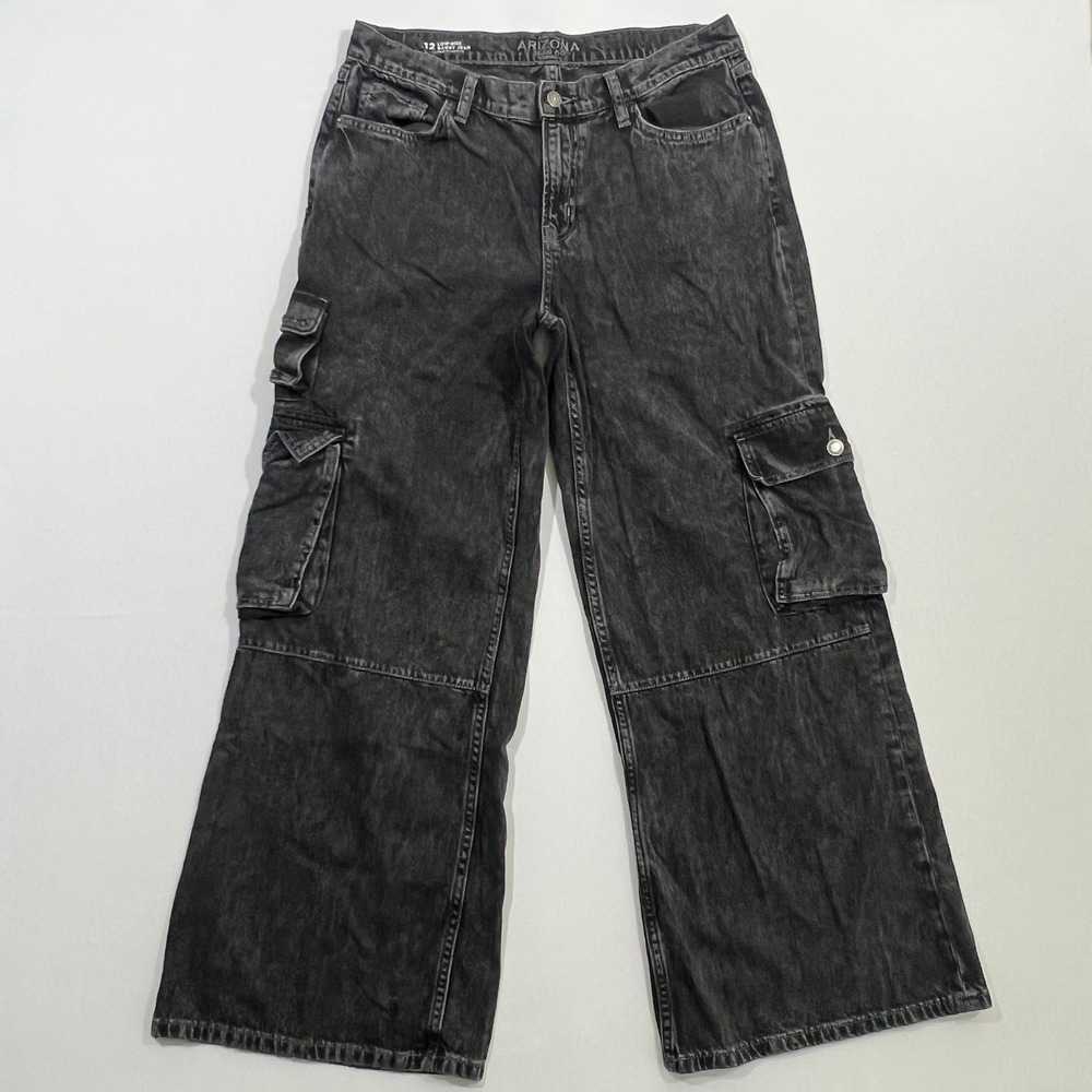 Arizona Y2K Cargo Jeans Low Rise Baggy Wide Leg Streetwear Washed Black Women 12